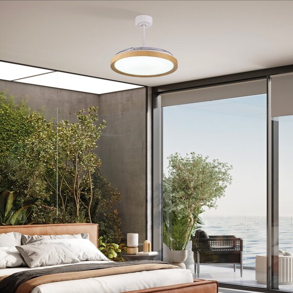 Stropní ventilátor Mistral LED, dřevěný dekor, DC, tichý, CCT – Mantra Mantra Iluminación, Mistral, stmívatelné, Dřevo, Obývací pokoj, Plast, Moderní
