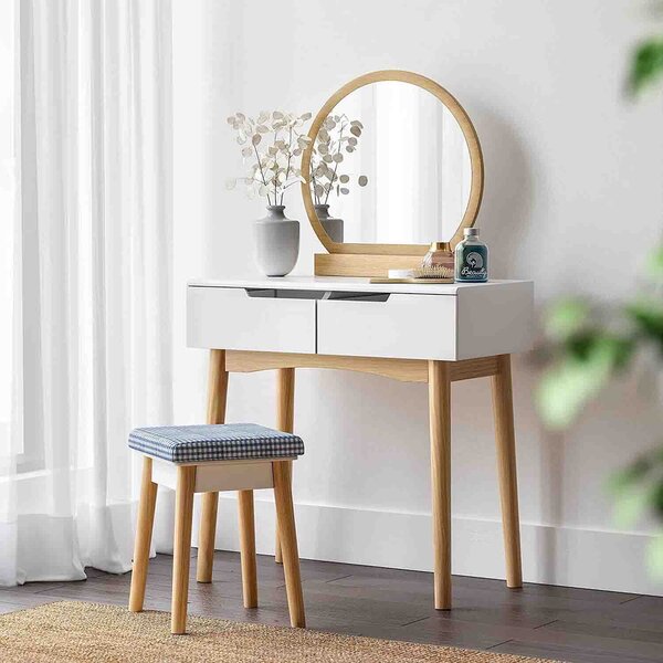 Toaletní stolek s polstrovanou stoličkou bílý/přírodní dřevo
