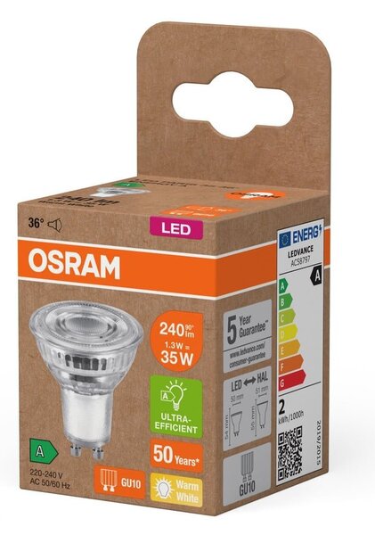 Ultra účinná LED bodovka GU10 1.3W PAR16, teplá bílá