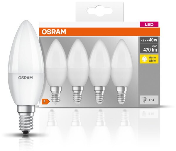 4 ks matná LED žárovka svíčka E14 4,9 W BASE teplá bílá