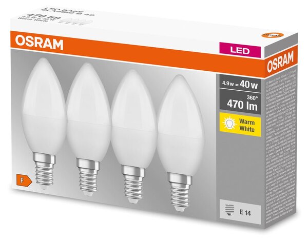 4 ks matná LED žárovka svíčka E14 4,9 W BASE teplá bílá