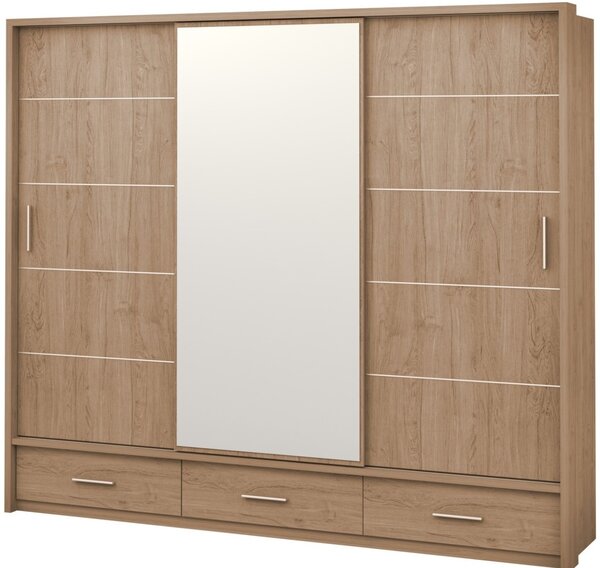 Zrcadlová šatní skříň Miarti 01 s posuvnými dveřmi a osvětlením barva dub Shetland