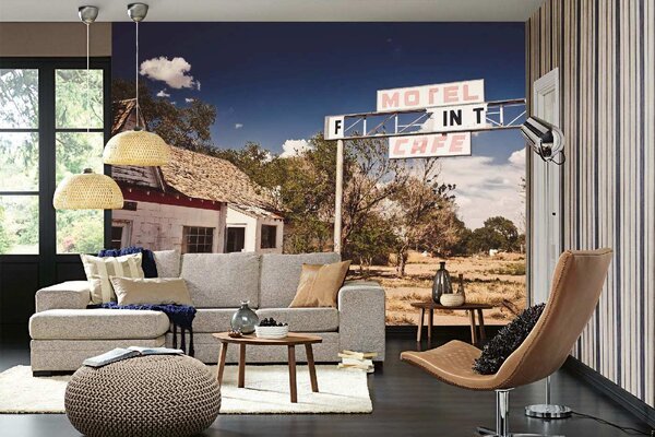 DIMEX | Vliesová fototapeta Opuštěná restaurace MS-5-2074 | 375 x 250 cm| zelená, modrá, červená, bílá