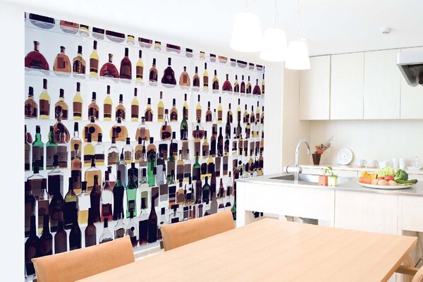 DIMEX | Vliesová fototapeta Láhve od alkoholu MS-5-2075 | 375 x 250 cm| zelená, bílá, černá, žlutá