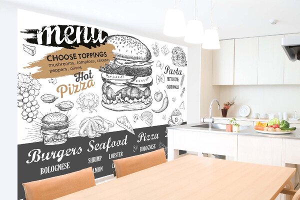 DIMEX | Vliesová fototapeta Nabídka restaurace - bílá MS-5-2124 | 375 x 250 cm| bílá, černá, žlutá, šedá