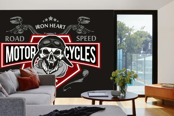DIMEX | Vliesová fototapeta Retro motorkářská lebka MS-5-2125 | 375 x 250 cm| červená, bílá, černá, šedá