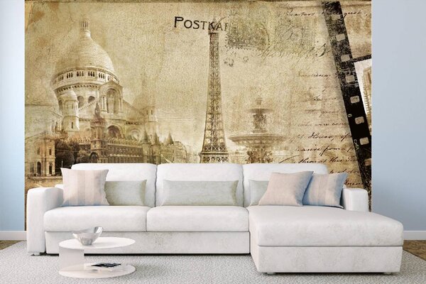 DIMEX | Vliesová fototapeta Retro pařížská pohlednice MS-5-2132 | 375 x 250 cm| béžová, černá, hnědá