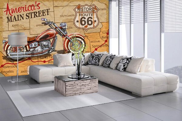 DIMEX | Vliesová fototapeta Plakát motocykl na Route 66 MS-5-2145 | 375 x 250 cm| červená, černá, hnědá
