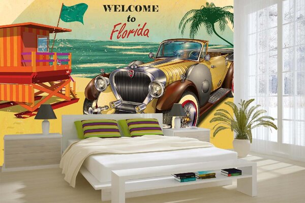 DIMEX | Vliesová fototapeta Florida retro plakát MS-5-2173 | 375 x 250 cm| zelená, červená, žlutá, hnědá