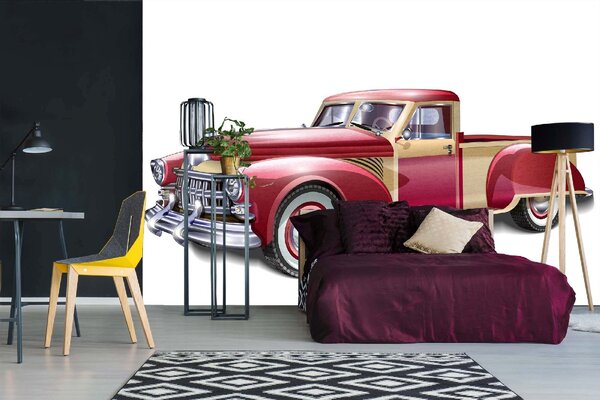 DIMEX | Vliesová fototapeta Červené retro auto MS-5-2188 | 375 x 250 cm| červená, bílá, žlutá