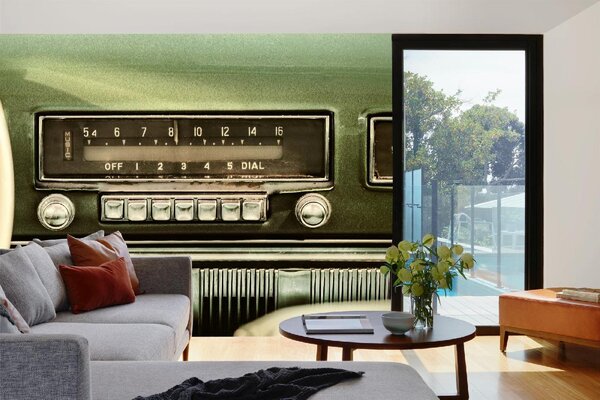 DIMEX | Vliesová fototapeta Rádio ve starém autě MS-5-2187 | 375 x 250 cm| zelená, černá, metalická