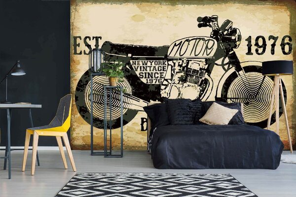 DIMEX | Vliesová fototapeta Retro motocyklový plakát MS-5-2202 | 375 x 250 cm| červená, béžová, černá, žlutá