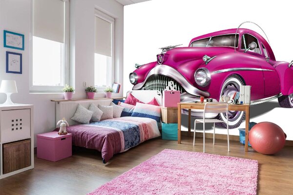 DIMEX | Vliesová fototapeta Retro růžové auto MS-5-2203 | 375 x 250 cm| bílá, metalická, růžová