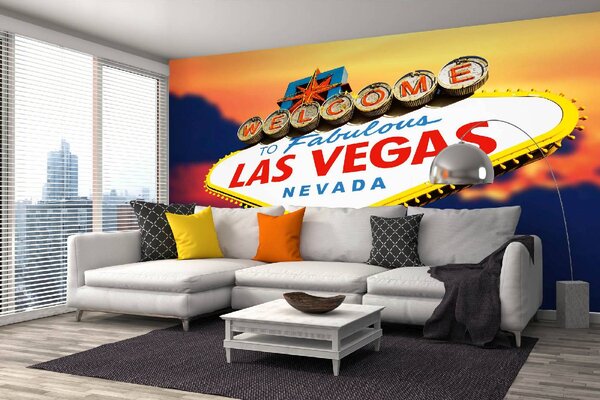 DIMEX | Vliesová fototapeta Cedule - LAS VEGAS MS-5-2225 | 375 x 250 cm| modrá, červená, bílá, žlutá