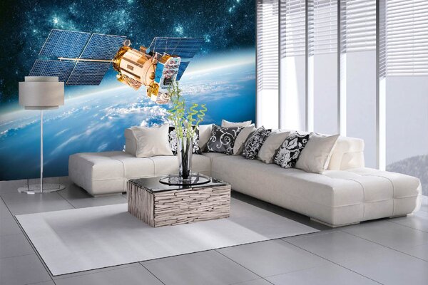 DIMEX | Vliesová fototapeta Satelit obíhající Zemi MS-5-2254 | 375 x 250 cm| modrá, bílá, hnědá