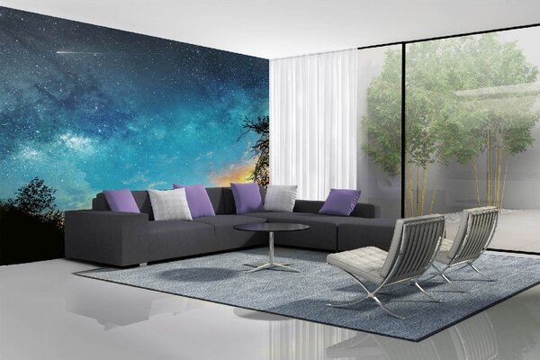 DIMEX | Vliesová fototapeta Noční obloha MS-5-2288 | 375 x 250 cm| modrá, černá, žlutá, oranžová