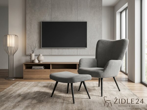 Relaxační křeslo ušák s podnožkou ARIA - šedý manšestr
