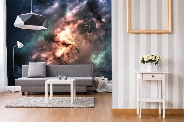 DIMEX | Vliesová fototapeta Temný vesmír MS-5-2322 | 375 x 250 cm| modrá, černá, oranžová, šedá