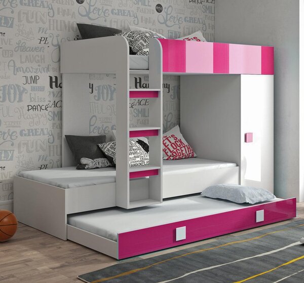 Dvoupatrová postel s přistýlkou TOLEDO 2 - bílá/růžová-lesk