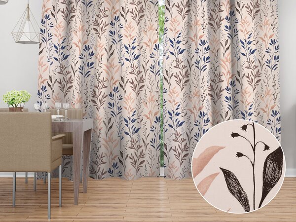 Biante Bavlněný závěs Sandra SA-794 Modro-hnědé větvičky s lístky na pudrovém 150x140 cm