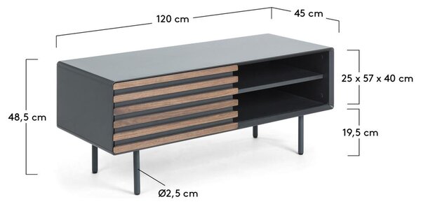 Černý lakovaný TV stolek Kave Home Kesia 120 x 45 cm s ořechovým dekorem