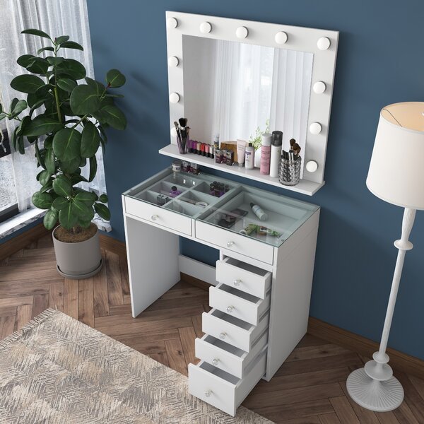 Kalune Design Toaletní stolek Melissa 03 s LED zrcadlem bílý/čirý