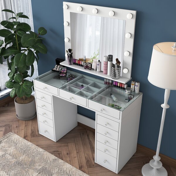 Kalune Design Toaletní stolek Melissa 04 s LED zrcadlem bílý/čirý