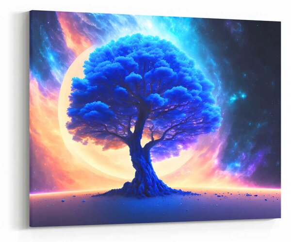 Obraz modrý strom a svítící planeta za ním