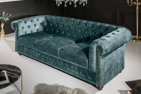 Pohovka CHESTERFIELD 3M 200 CM petrolejová samet Nábytek | Obývací pokoj | Sedací soupravy a pohovky | Pohovky | Pevné