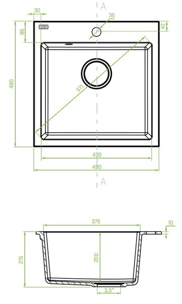 Laveo Alena, 1-komorový granitový dřez 490x490x215 mm, černá, LAV-SBA_710B
