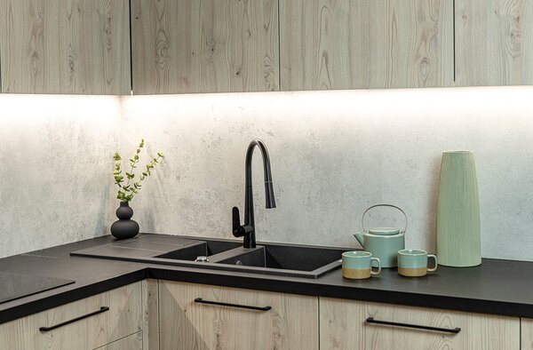 Laveo Barbados, 1,5-komorový granitový dřez 1000x480x185 mm, černá skvrnitá, LAV-SBB_731T