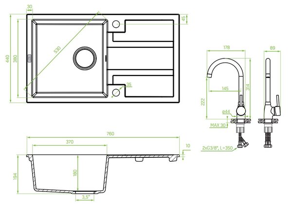Laveo Barbados, 1-komorový granitový dřez 760x440x194 mm + dřezová baterie Granit 8, šedá, LAV-SBBA511T