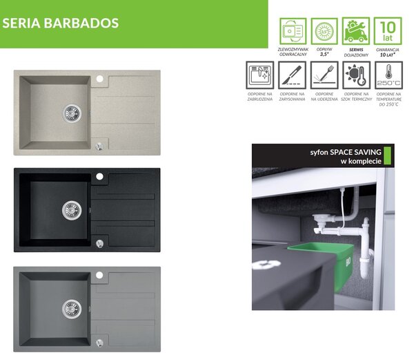 Laveo Barbados, 1-komorový granitový dřez 760x440x194 mm + dřezová baterie Granit 8, šedá, LAV-SBBA511T