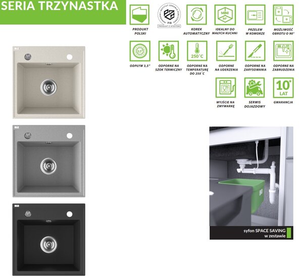 Laveo Trzynastka, 1-komorový granitový dřez 440x440x173 mm, černá skvrnitá, LAV-SBP_710T