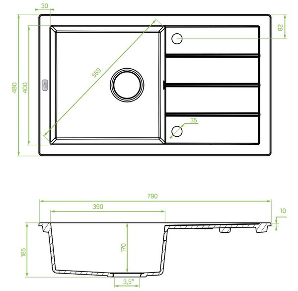 Laveo Trzynastka, 1-komorový granitový dřez 790x480x185 mm, černá skvrnitá, LAV-SBP_711T