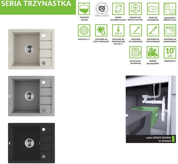 Laveo Trzynastka, 1-komorový granitový dřez 570x495x185 mm, černá skvrnitá, LAV-SBP_713T