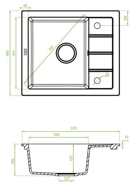 Laveo Trzynastka, 1-komorový granitový dřez 570x495x185 mm, černá skvrnitá, LAV-SBP_713T