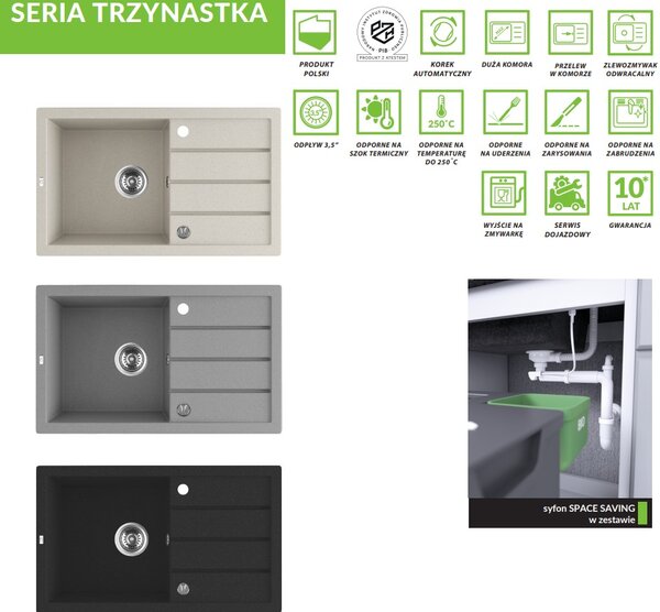 Laveo Trzynastka, 1-komorový granitový dřez 790x480x185 mm, černá skvrnitá, LAV-SBP_711T