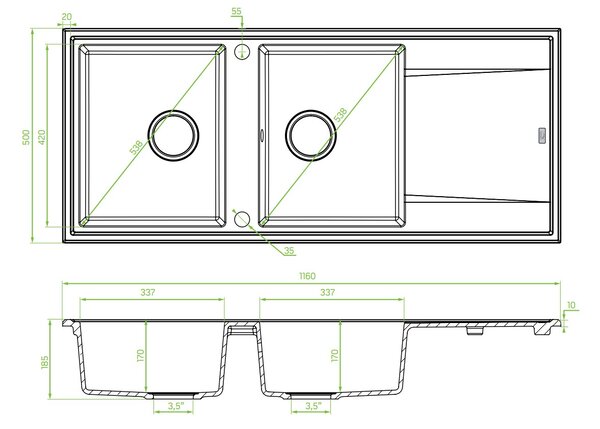 Laveo Megalo, 2-komorový granitový dřez 1160x500x185 mm s dlouhým odkapávačem, béžová, LAV-SBE_421T