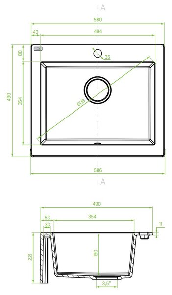 Laveo Komodo, 1-komorový granitový dřez 586x490x221 mm, černá skvrnitá, LAV-SBK_710A
