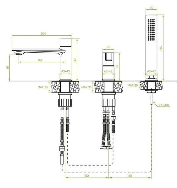 Laveo Tores, 3-otvorová vanová baterie, chromová, LAV-BVT_013D