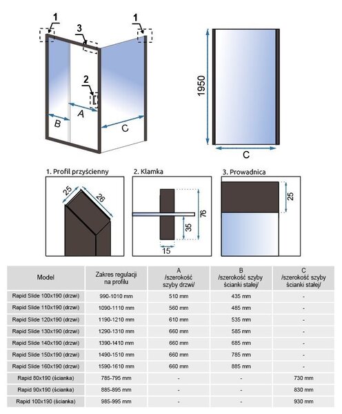 Rea Rapid, pevná stěna pro sprchový kout Rapid 100 x 195 cm, 6mm čiré sklo, zlatý matný profil, REA-K4706
