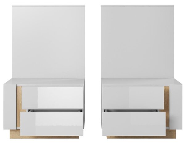 ARCO | postel dvoulůžko 160x200 + 2x noční stolek s LED + rošt s úložákem + matarace | bílá mat/lesk/dub grandson