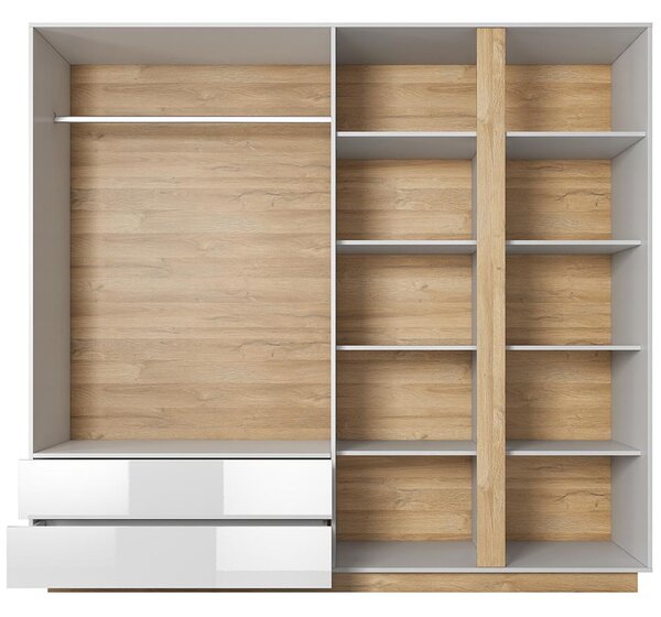 ARCO | šatní skříň 220 se zrcadlem | 220 cm | PUSH OPEN | bílá mat/lesk/dub grandson