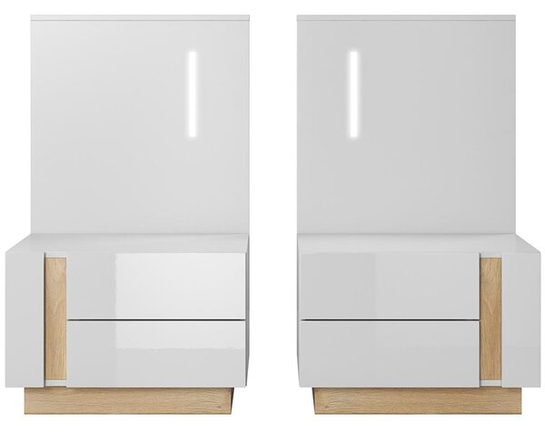 ARCO | postel dvoulůžko 160x200 + 2x noční stolek s LED + rošt s úložákem + matarace | bílá mat/lesk/dub grandson