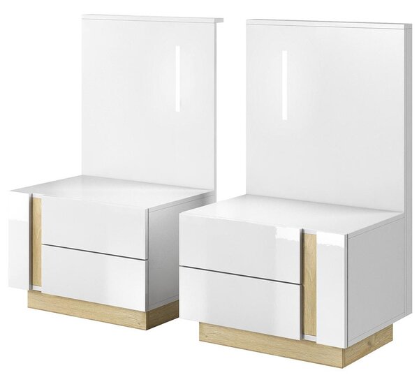ARCO | postel dvoulůžko 160x200 + 2x noční stolek s LED + rošt s úložákem + matarace | bílá mat/lesk/dub grandson