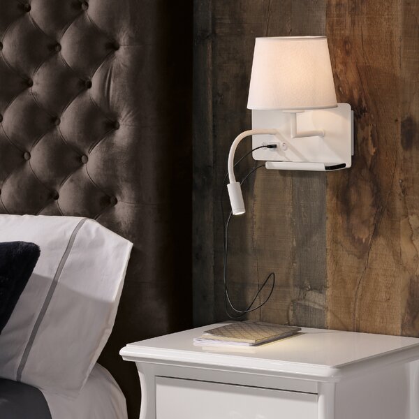 ACB Iluminacion Nástěnné LED svítidlo HOLD pravé, 3W + 1xE27 15W, CRI90, 2x vstup USB/USBC Barva: Bílá, Barva montury: Černá