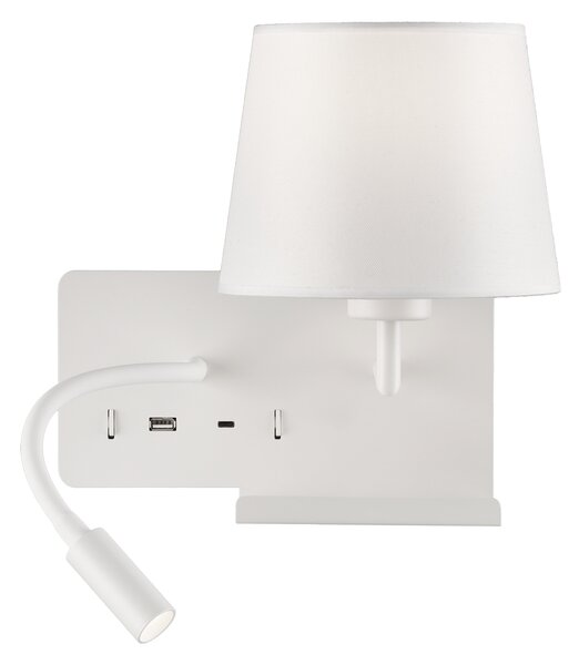 ACB Iluminacion Nástěnné LED svítidlo HOLD pravé, 3W + 1xE27 15W, CRI90, 2x vstup USB/USBC Barva: Bílá, Barva montury: Černá