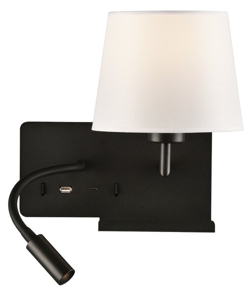 ACB Iluminacion Nástěnné LED svítidlo HOLD pravé, 3W + 1xE27 15W, CRI90, 2x vstup USB/USBC Barva: Bílá, Barva montury: Černá