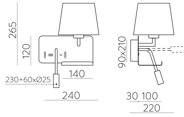 ACB Iluminacion Nástěnné LED svítidlo HOLD pravé, 3W + 1xE27 15W, CRI90, 2x vstup USB/USBC Barva: Bílá, Barva montury: Černá